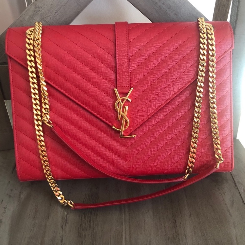 Saint Laurent Paris Red Grain De Poudre Leather Envelope Large Shoulder Bag